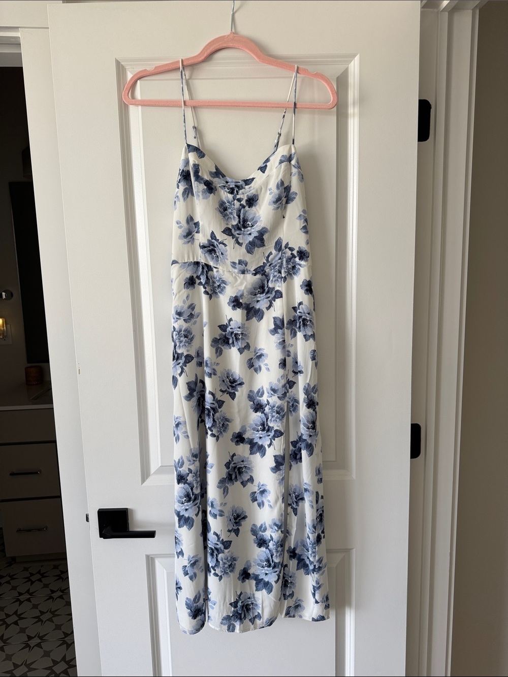 Abercrombie & Fitch White Slip Midi Dress with Blue Floral Print